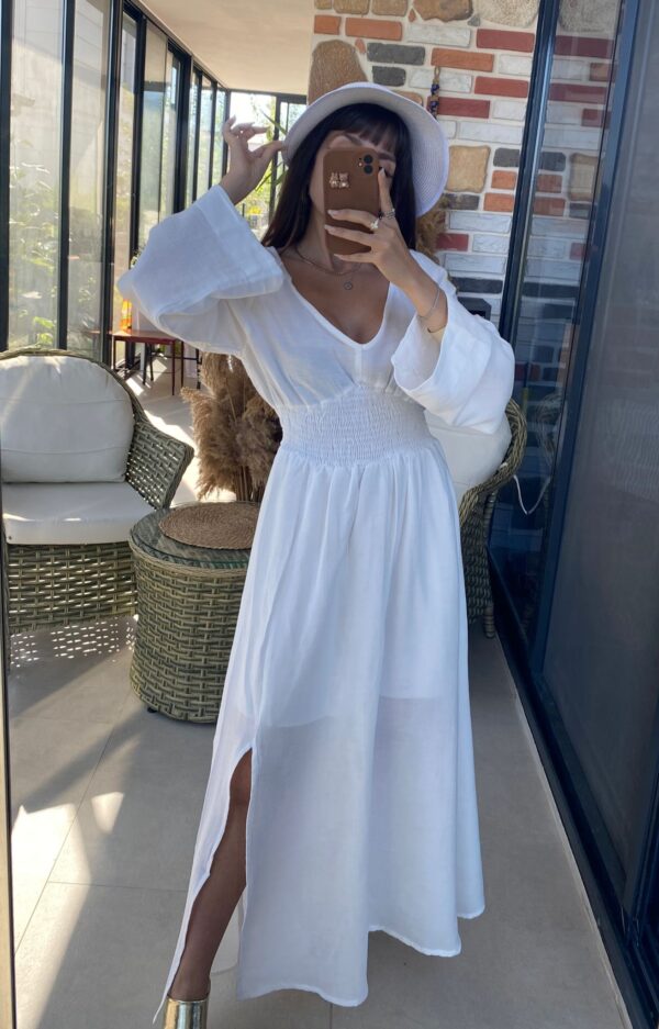 BOHO HAM KETEN ELBİSE BEYAZ