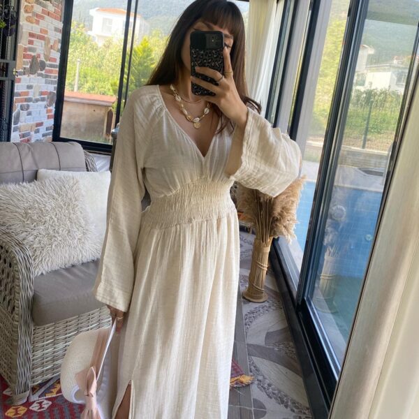 BOHO HAM KETEN ELBİSE KREM - Görsel 3