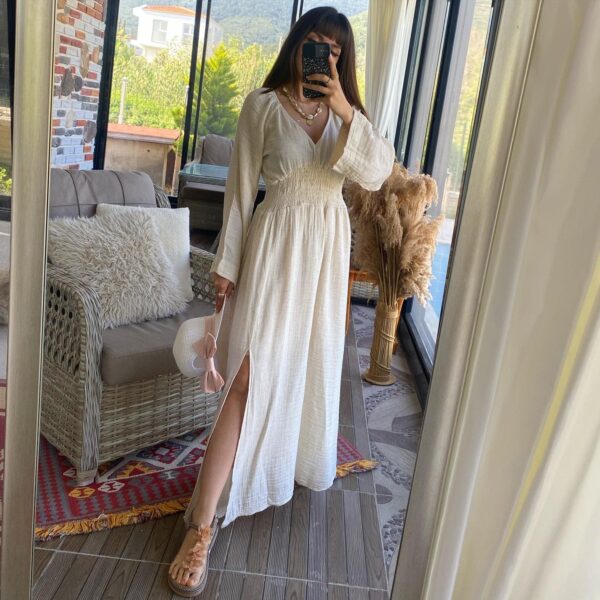 BOHO HAM KETEN ELBİSE KREM