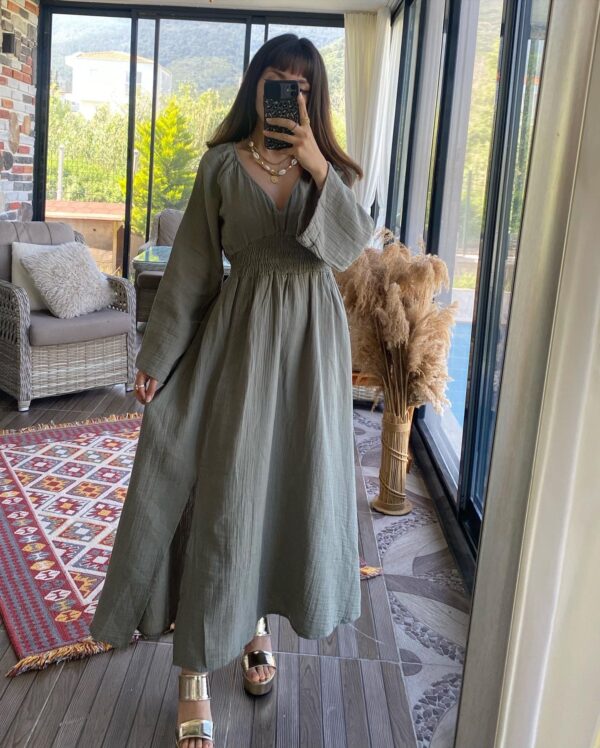 BOHO HAM KETEN ELBİSE HAKİ