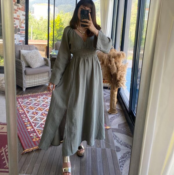 BOHO HAM KETEN ELBİSE HAKİ - Görsel 4