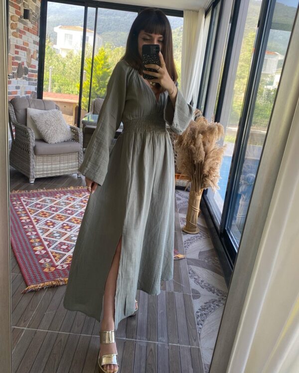 BOHO HAM KETEN ELBİSE HAKİ - Görsel 3