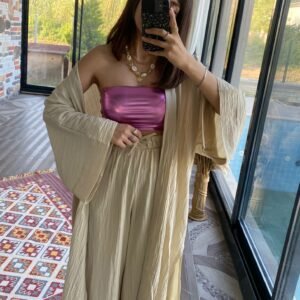 PAMUK GOFRE KUMAS KIMONO TAKIM KREM