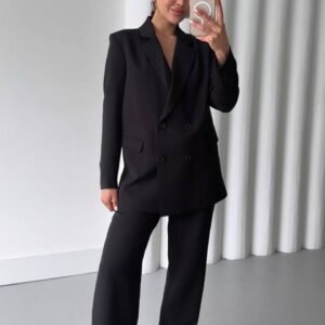 Oversize Blazer Ceketli Siyah İkili Takım