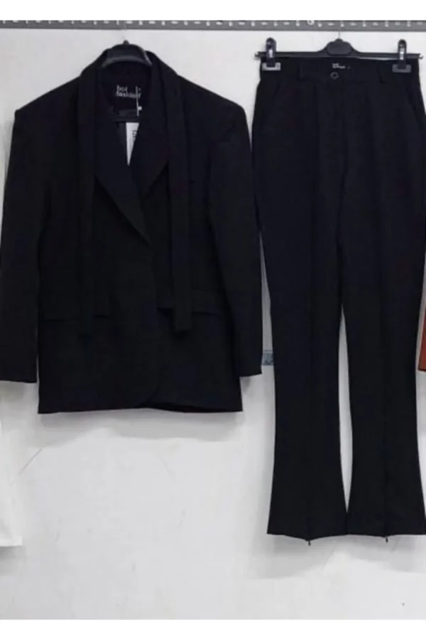 Kadın İkili Kuşaklı Blazer Ceket Pantolon Takım Siyah