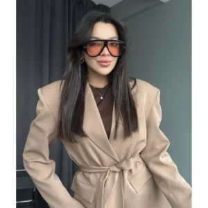 Kadın İkili Kuşaklı Blazer Ceket Pantolon Takım Sütlü Kahve