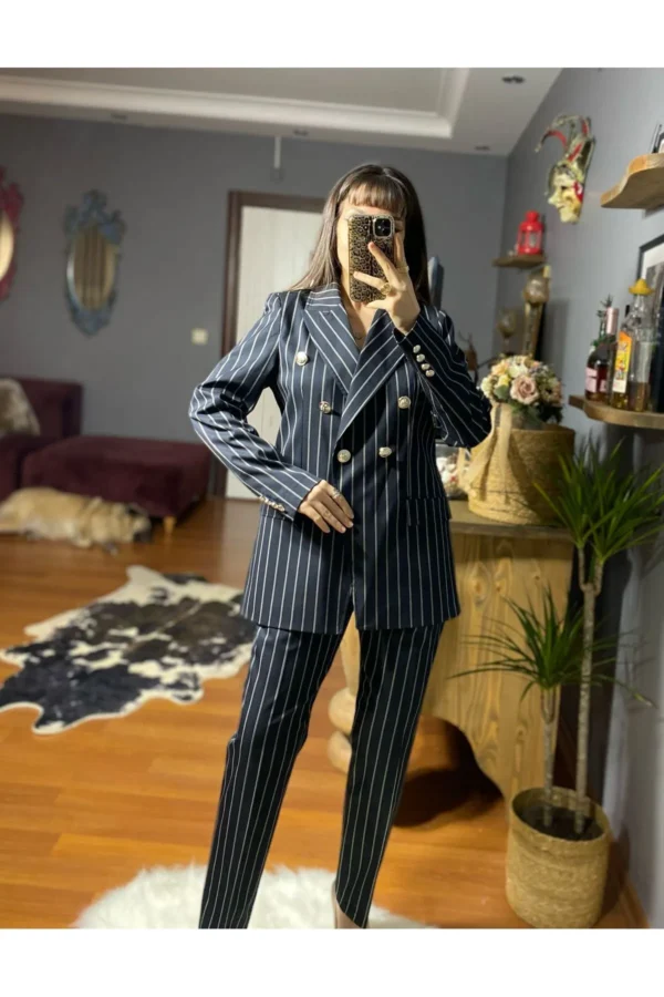 Metal Düğme Detaylı Duble Kumaş Ceket Pantolon Takım Lacivert - Görsel 5
