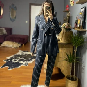 Metal Düğme Detaylı Duble Kumaş Ceket Pantolon Takım Lacivert