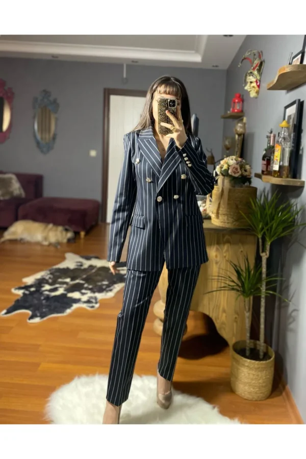 Metal Düğme Detaylı Duble Kumaş Ceket Pantolon Takım Lacivert