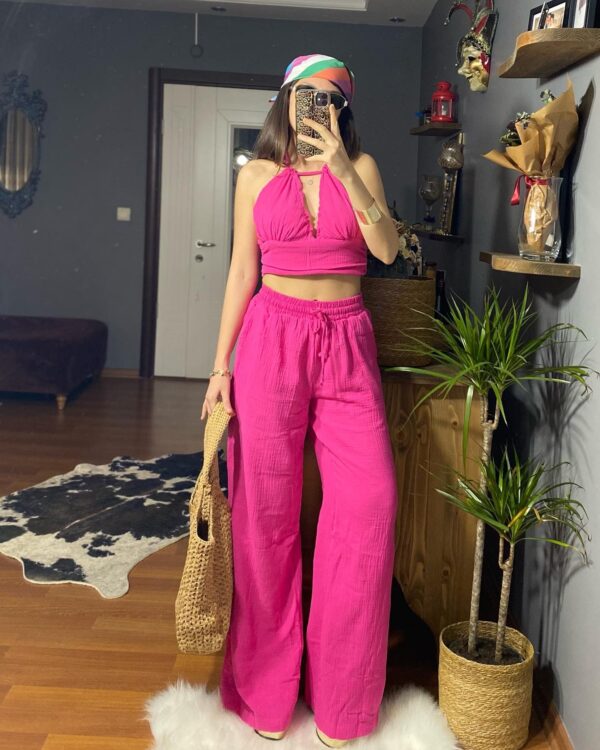 Müslin Keten Bohem Takım-Pembe