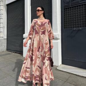 Desenli Pamuk Kumaş Elbise -Pembe