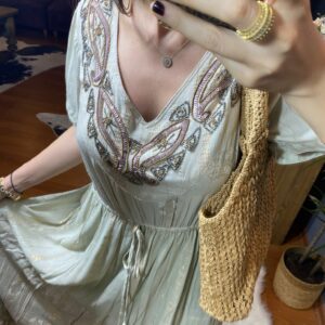 Gold Pul ve Boncuk Detaylı İçi Astarlı Keten Helen Elbise-KOYU BEJ - Standart