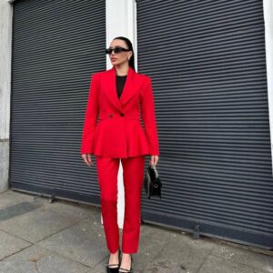 Tasarım Blazer Ceket Pantolon Takım-KIRMIZI