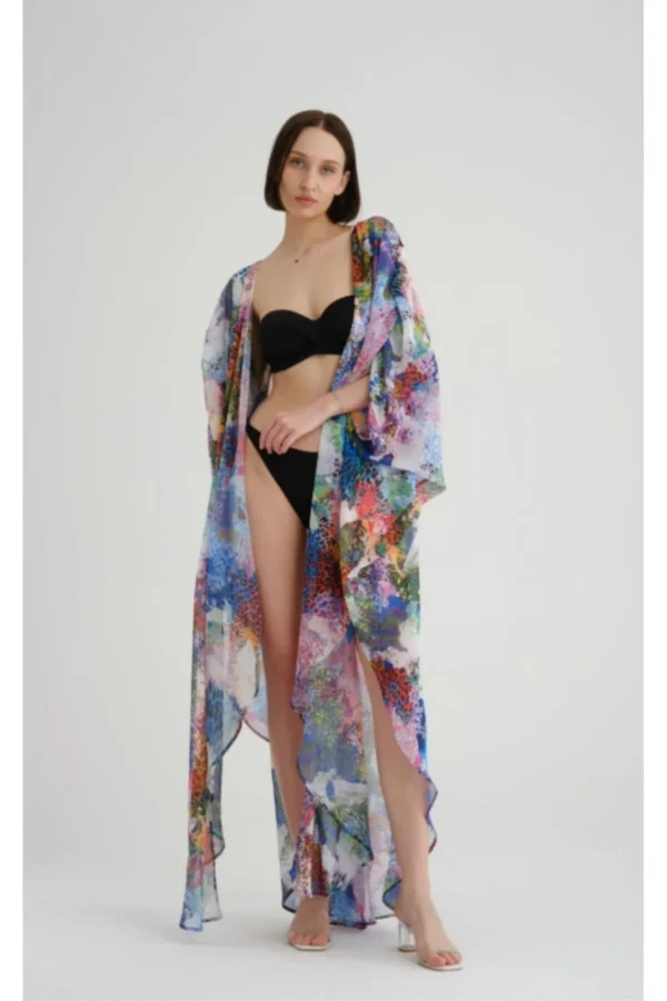 Helen Tül Desenli Uzun Pareo Kimono