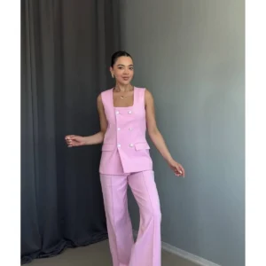 İkili Taş Düğme Detaylı Yelek Pantolon Takım Pembe