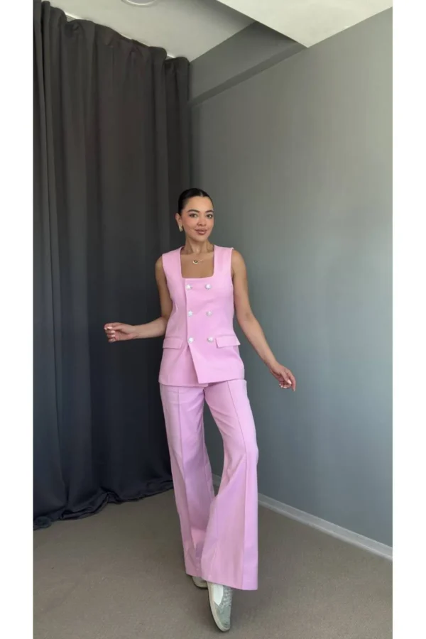 İkili Taş Düğme Detaylı Yelek Pantolon Takım Pembe