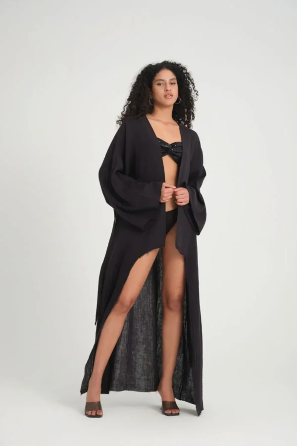 Tasarım Müslin Keten Kimono - Maxi Boy -siyah