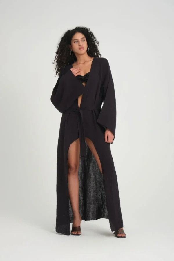 Tasarım Müslin Keten Kimono - Maxi Boy -siyah - Görsel 2