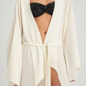 Tasarım Müslin Keten Kimono - Maxi Boy - Beyaz