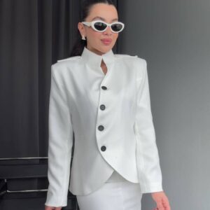 Kadın Ikili Tasarım Blazer Ceket Etek Takım-BEYAZ