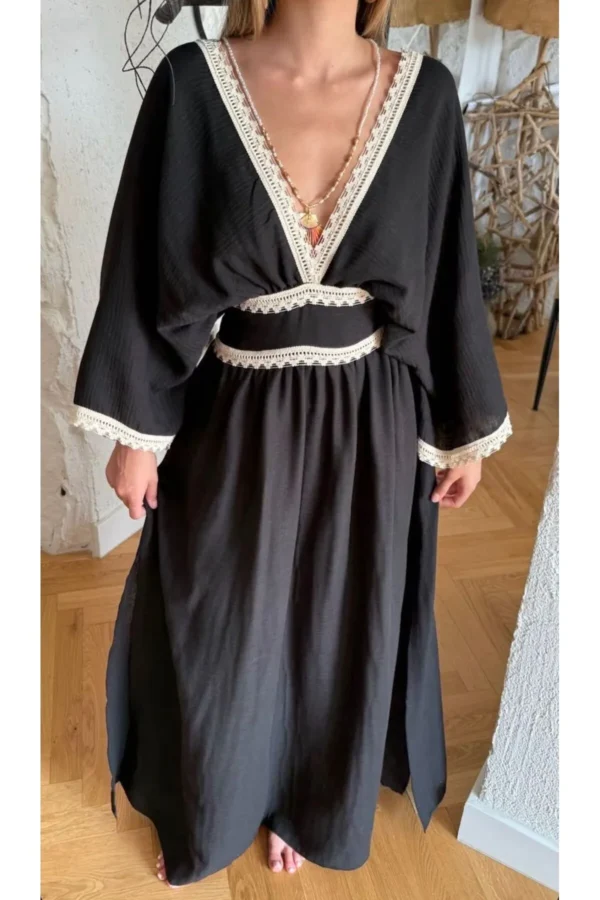 Güpürlü Detaylı Helen Keten Elbise Siyah - Görsel 3