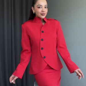 Kadın Ikili Tasarım Blazer Ceket Etek Takım-KIRMIZI