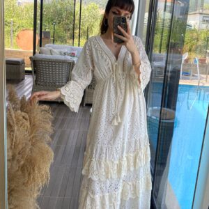 Brode Detaylı Hürrem Model Elbise -Ekru Renk