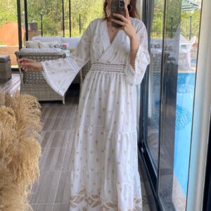 Kahve Çiçek Brode Detaylı Hürrem Model Elbise
