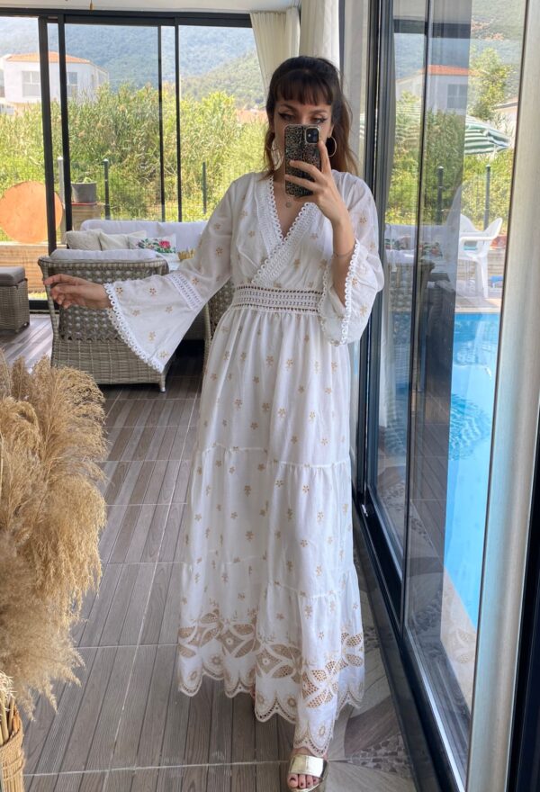 Kahve Çiçek Brode Detaylı Hürrem Model Elbise