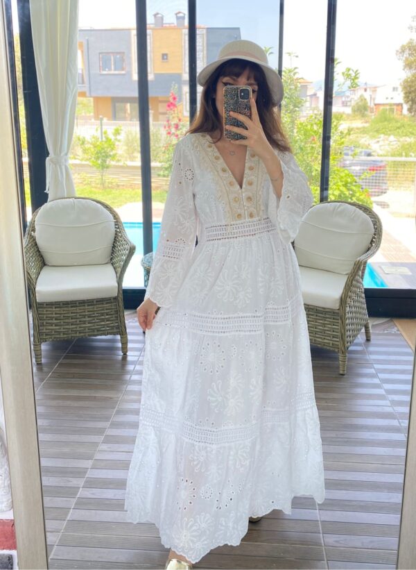 Brode Detaylı Yakası Çiçek Nakış Hürrem Model Elbise - Görsel 2