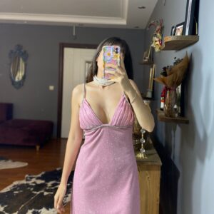 Taş Detaylı Simli Mini Elbise-Pembe