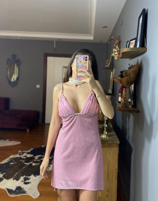 Taş Detaylı Simli Mini Elbise-Pembe