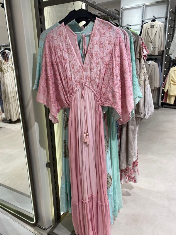 Pul ve Nakış Detaylı İçi Astarlı Keten Helen Elbise -PEMBE - Görsel 4