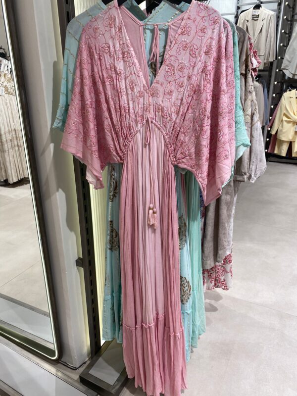 Pul ve Nakış Detaylı İçi Astarlı Keten Helen Elbise -PEMBE - Görsel 2