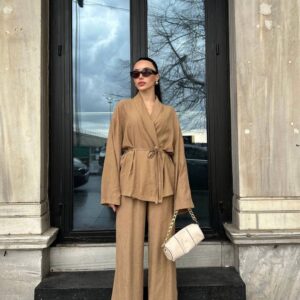 Camel keten kimono pantolon takım