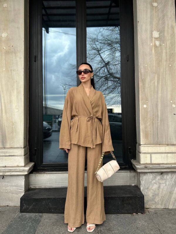Camel keten kimono pantolon takım