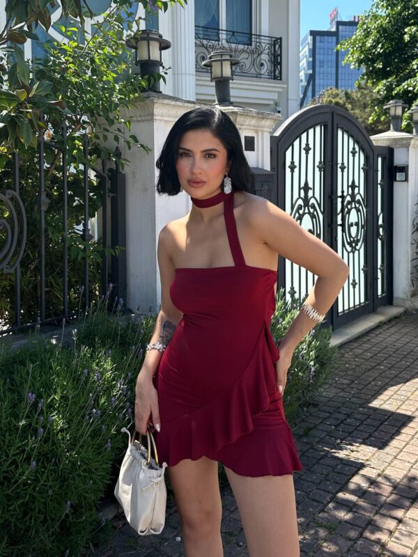 Straplez Volan Detaylı Mini Elbise-BORDO - Görsel 2