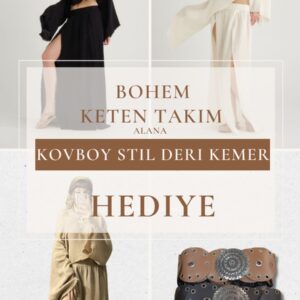 Bohem Ham Keten Kadın Takım + Deri Madalyon Toka Kovboy Stil Tasarım Kemer