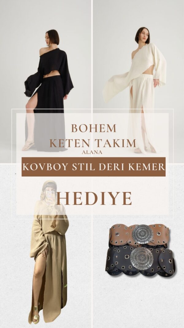 Bohem Ham Keten Kadın Takım + Deri Madalyon Toka Kovboy Stil Tasarım Kemer