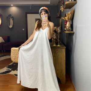 Askılı Ayrobin Kumaş Elbise -Beyaz