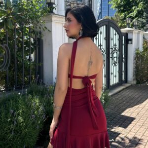 Straplez Volan Detaylı Mini Elbise-BORDO