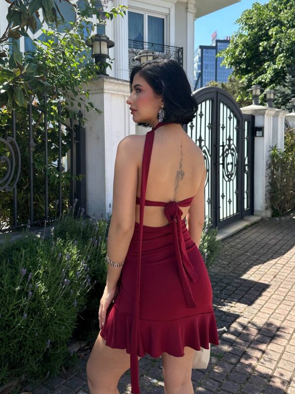 Straplez Volan Detaylı Mini Elbise-BORDO
