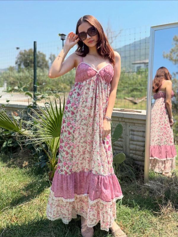 Vintage şifon detaylı askılı çiçekli elbise - Görsel 8