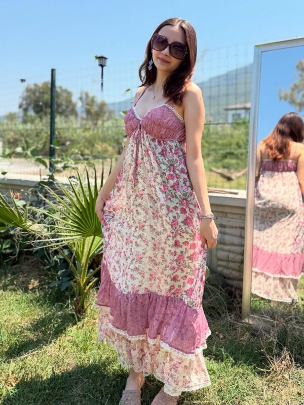 Vintage şifon detaylı askılı çiçekli elbise - Görsel 6
