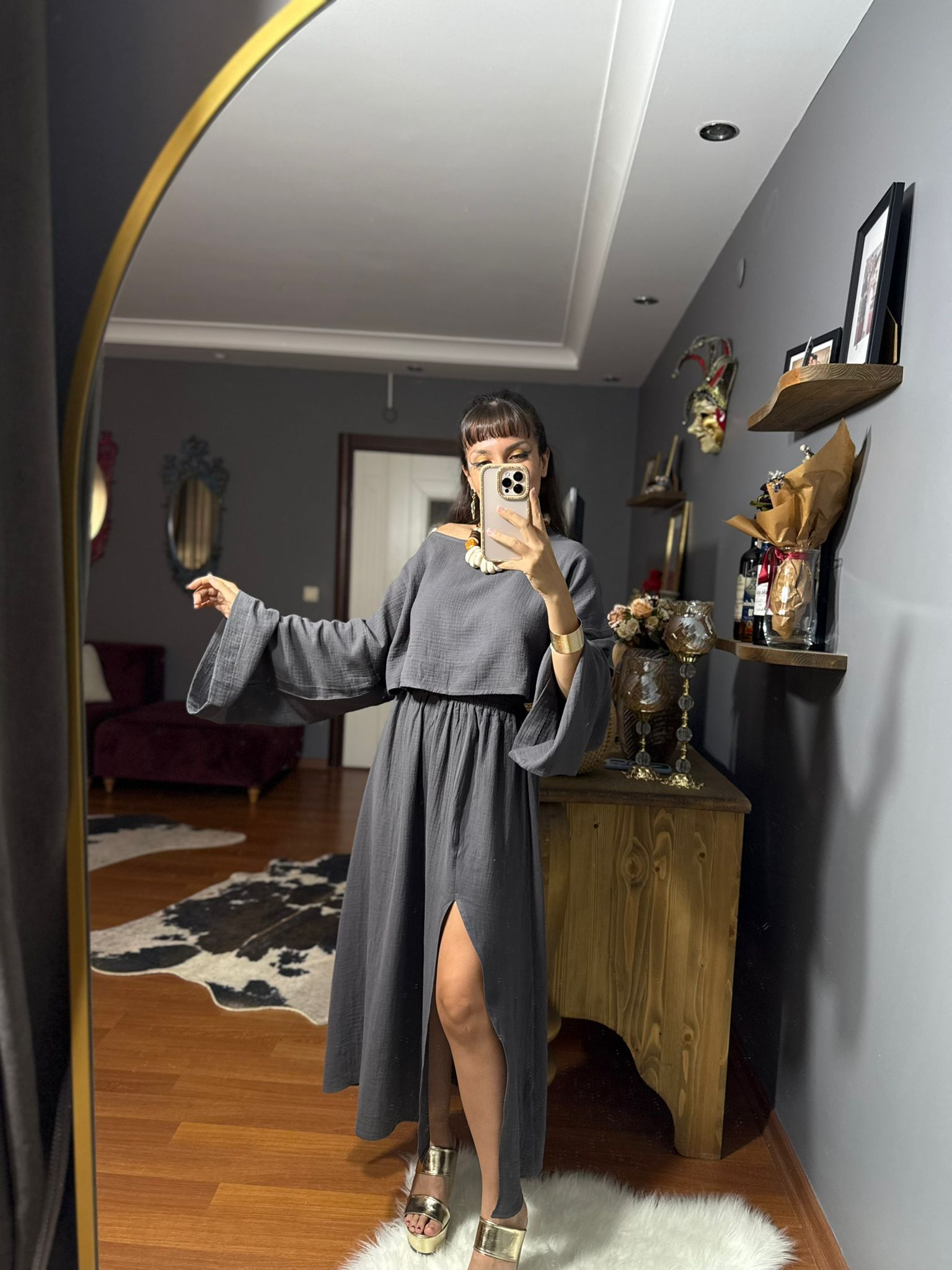 Ham Keten Kadın Takım – Yazlık Bohem İki Parça Kombin - ANTRASIT - Görsel 8