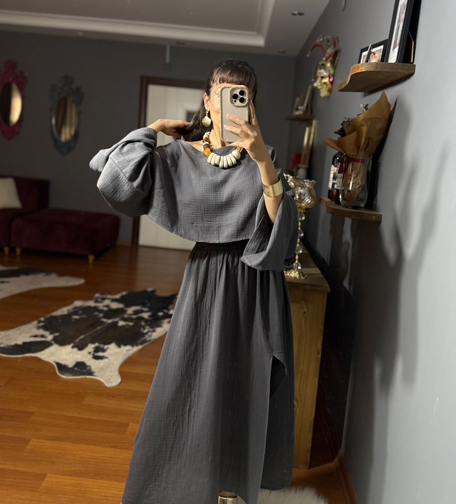 Ham Keten Kadın Takım – Yazlık Bohem İki Parça Kombin - ANTRASIT - Görsel 6