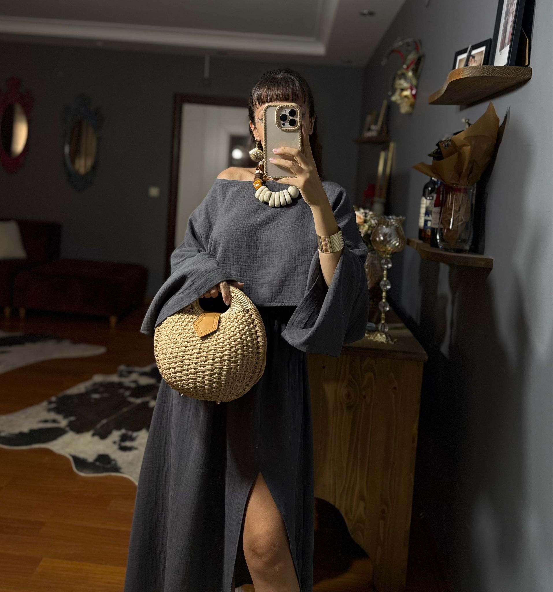 Ham Keten Kadın Takım – Yazlık Bohem İki Parça Kombin - ANTRASIT - Görsel 5