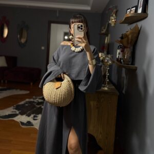 Ham Keten Kadın Takım – Yazlık Bohem İki Parça Kombin - ANTRASIT