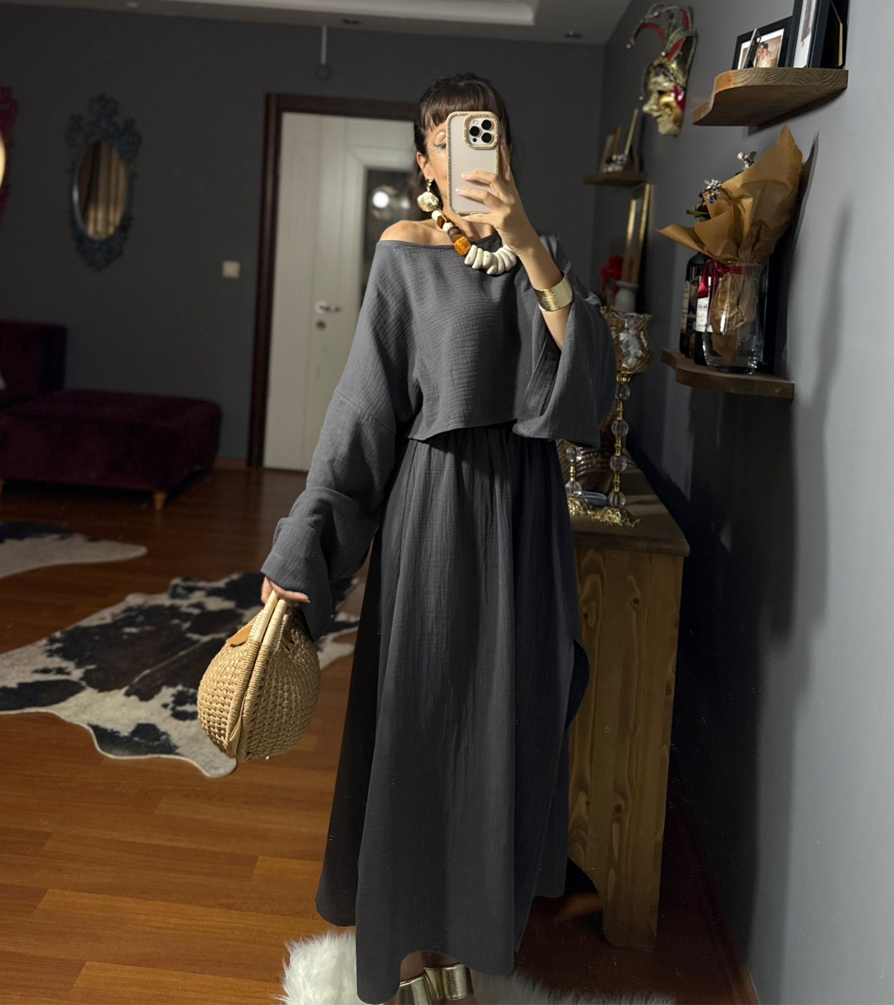 Ham Keten Kadın Takım – Yazlık Bohem İki Parça Kombin - ANTRASIT - Görsel 4