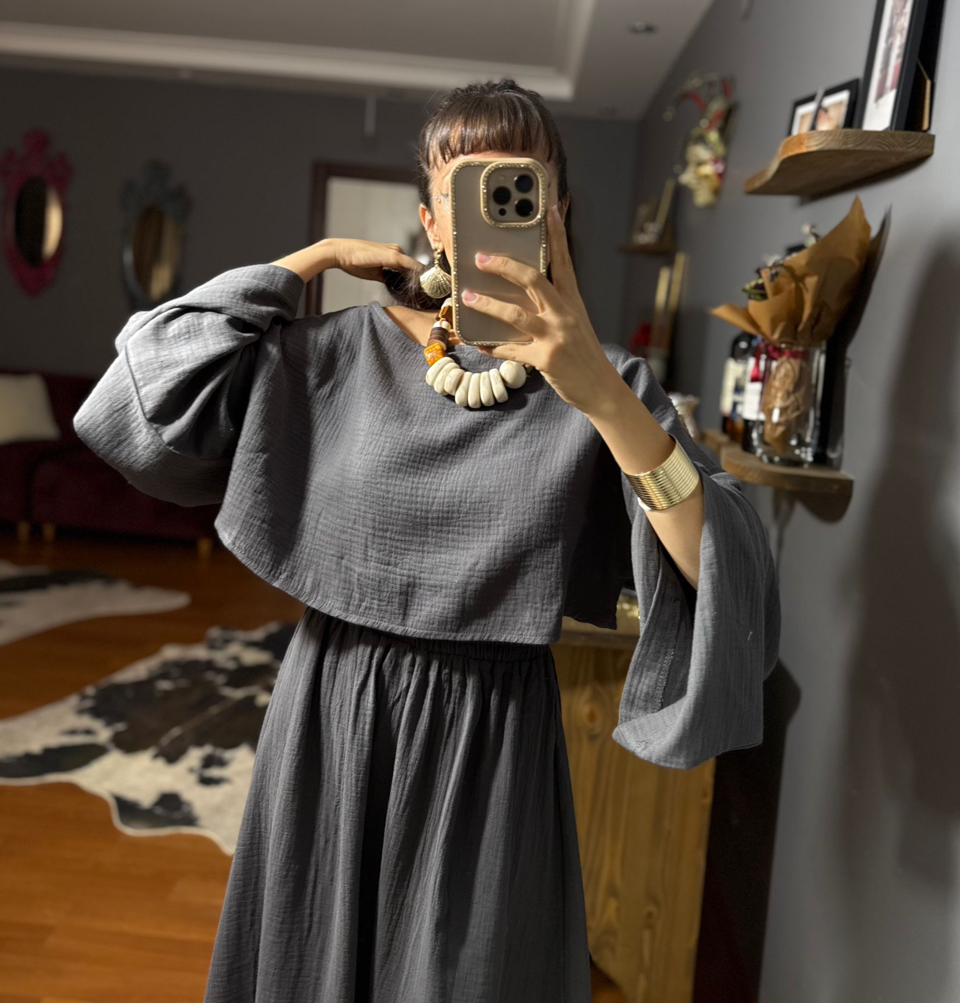 Ham Keten Kadın Takım – Yazlık Bohem İki Parça Kombin - ANTRASIT - Görsel 7